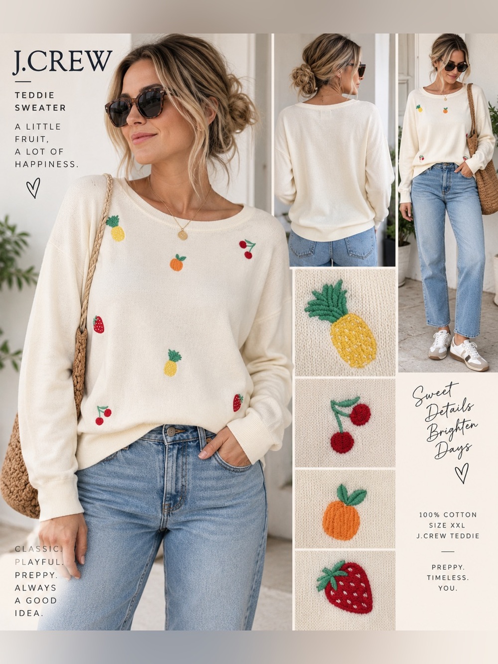 J.Crew Teddie Embroidered Fruit Sweater XXL Ivory Cotton